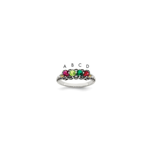 Sterling Silver Antiqued w/14k 4-stone w/Diamond Mother's Ring
