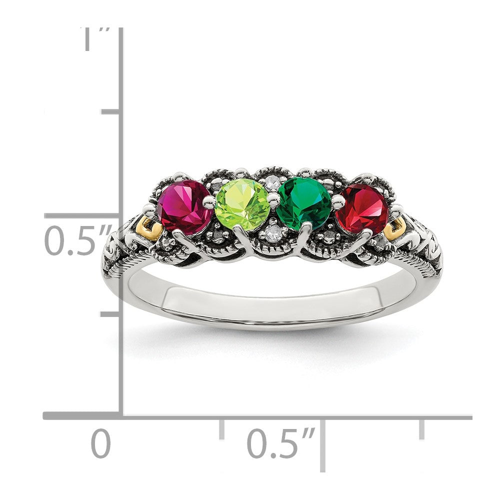 Sterling Silver Antiqued w/14k 4-stone w/Diamond Mother's Ring