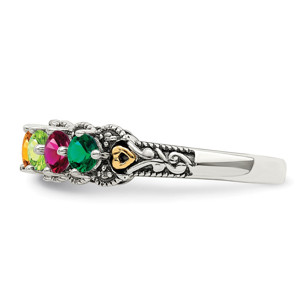 Sterling Silver Antiqued w/14k 5-stone w/Diamond Mother's Ring