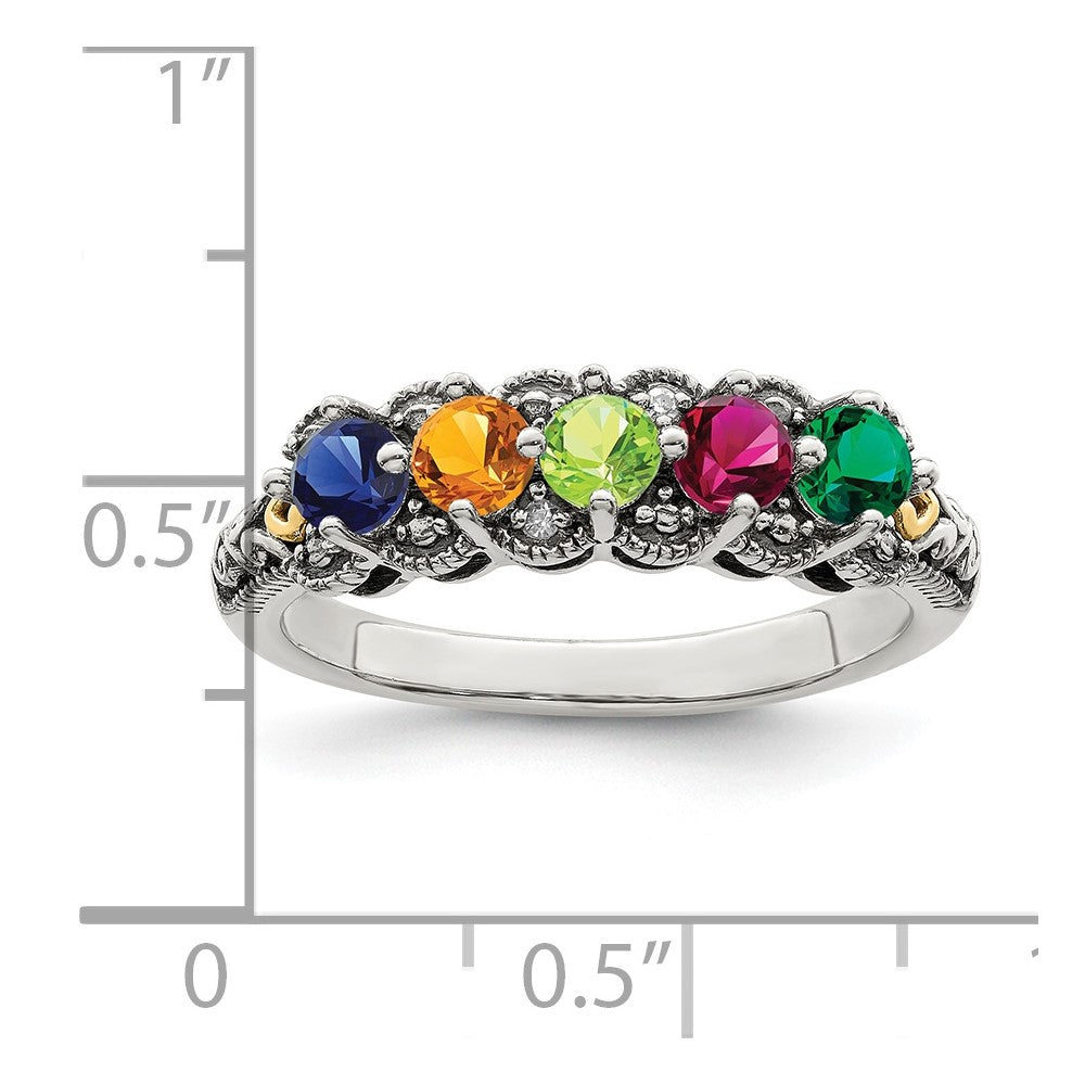 Sterling Silver Antiqued w/14k 5-stone w/Diamond Mother's Ring