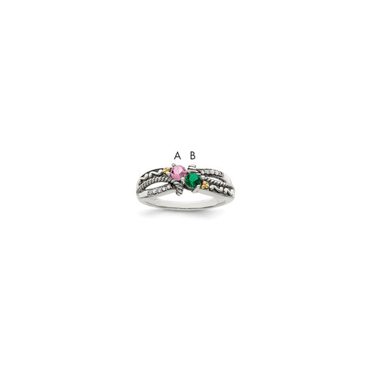 Sterling Silver Antiqued w/14k 2-stone w/Diamond Mother's Ring
