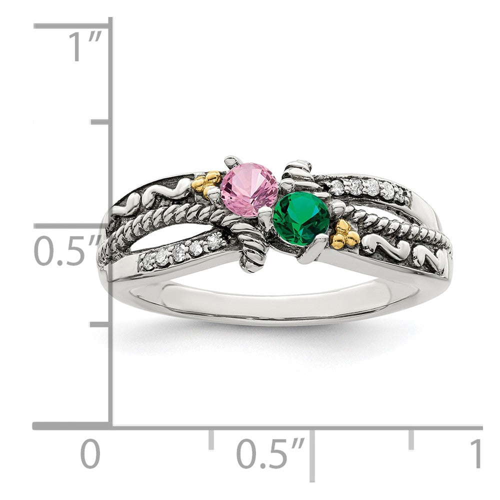 Sterling Silver Antiqued w/14k 2-stone w/Diamond Mother's Ring