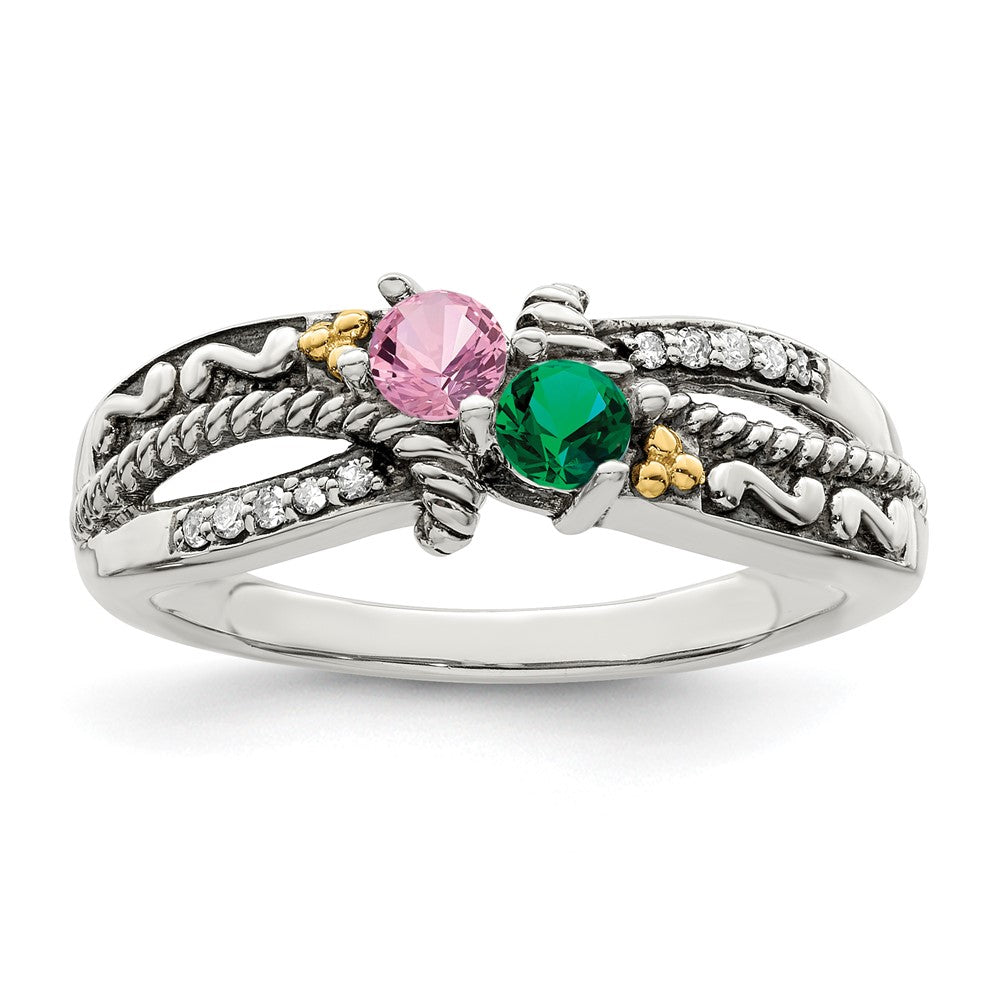 Sterling Silver Antiqued w/14k 2-stone w/Diamond Mother's Ring