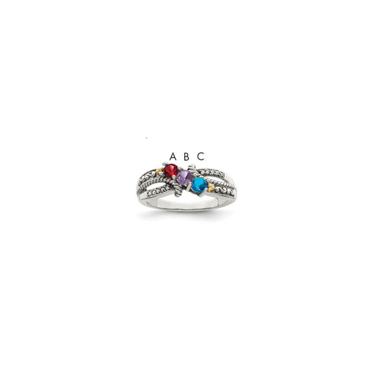 Sterling Silver Antiqued w/14k 3-stone w/Diamond Mother's Ring