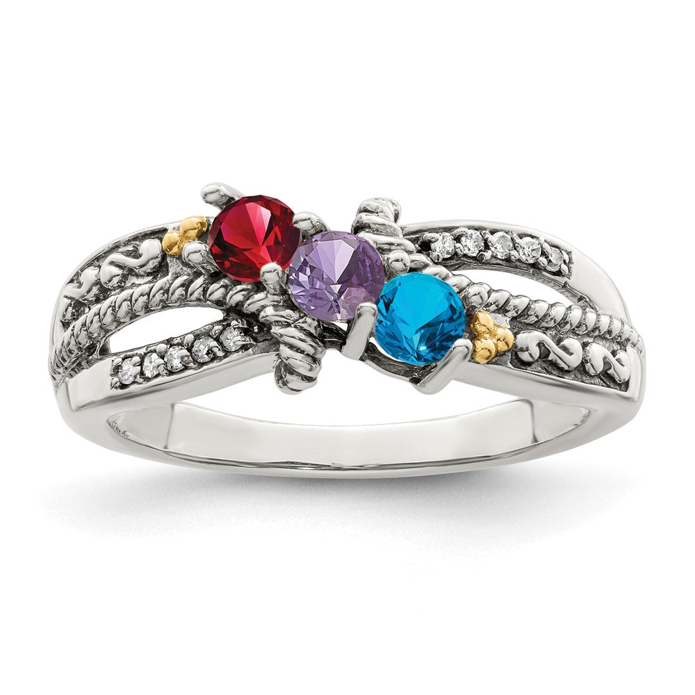 Sterling Silver Antiqued w/14k 3-stone w/Diamond Mother's Ring