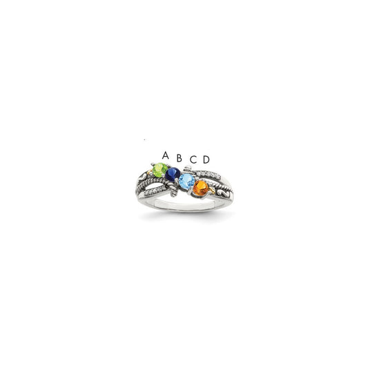 Sterling Silver Antiqued w/14k 4-stone w/Diamond Mother's Ring