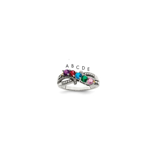 Sterling Silver Antiqued w/14k 5-stone w/Diamond Mother's Ring