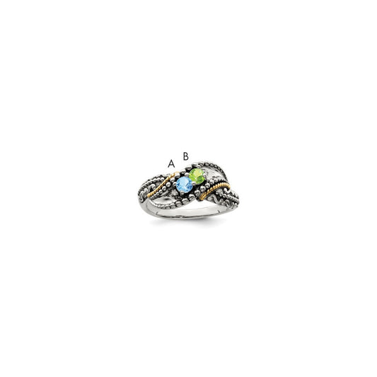 Sterling Silver Antiqued w/14k 2-stone w/Diamond Mother's Ring