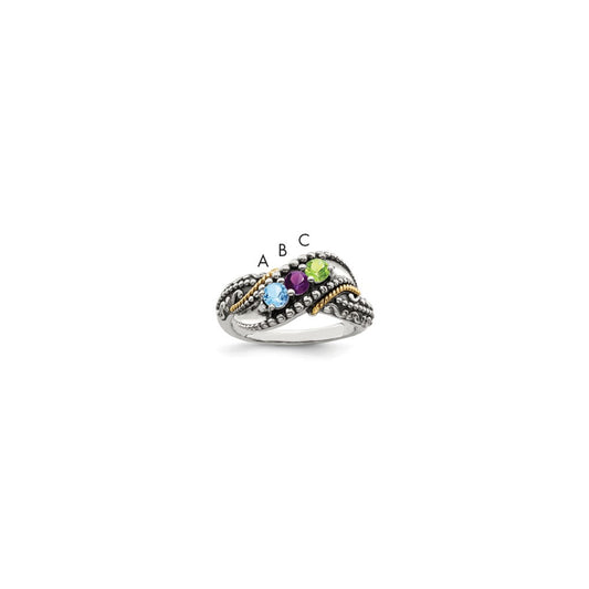 Sterling Silver Antiqued w/14k 3-stone w/Diamond Mother's Ring