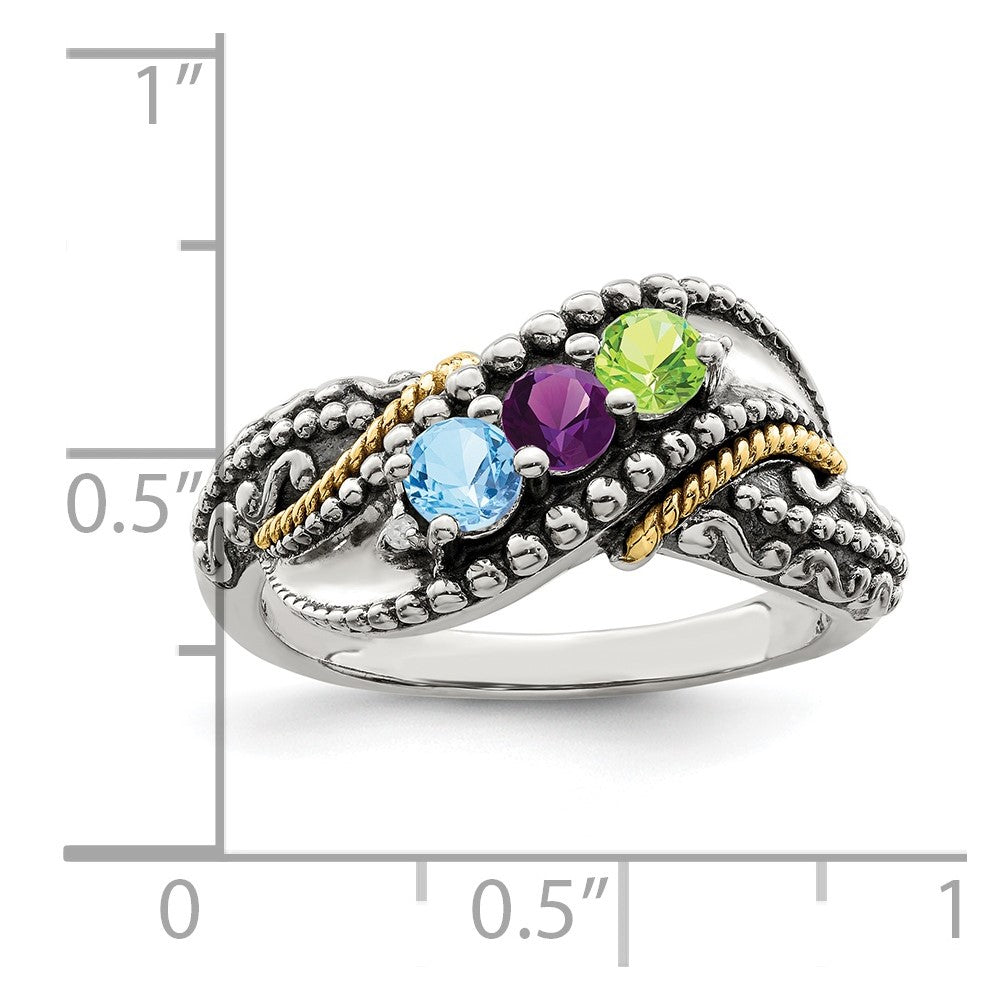 Sterling Silver Antiqued w/14k 3-stone w/Diamond Mother's Ring