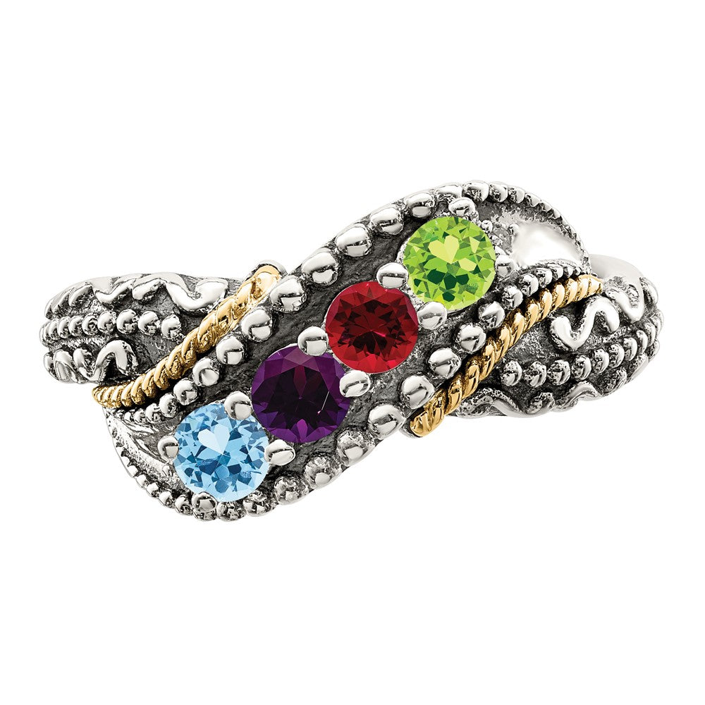 Sterling Silver Antiqued w/14k 4-stone w/Diamond Mother's Ring