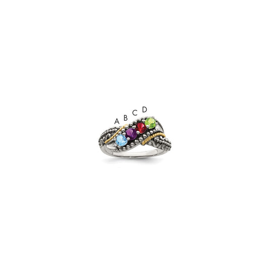 Sterling Silver Antiqued w/14k 4-stone w/Diamond Mother's Ring
