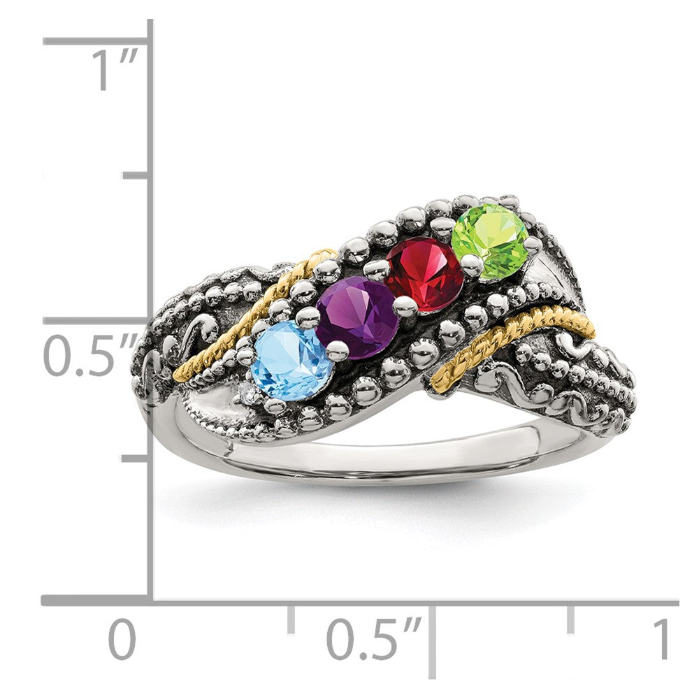 Sterling Silver Antiqued w/14k 4-stone w/Diamond Mother's Ring