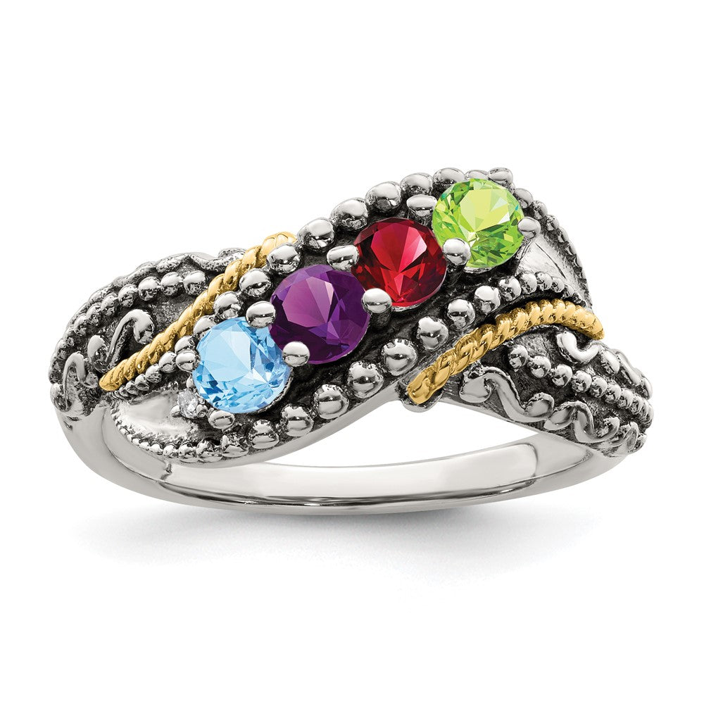 Sterling Silver Antiqued w/14k 4-stone w/Diamond Mother's Ring