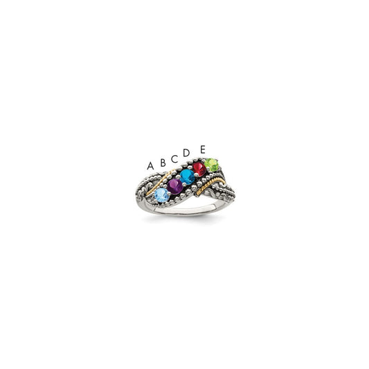 Sterling Silver Antiqued w/14k 5-stone w/Diamond Mother's Ring