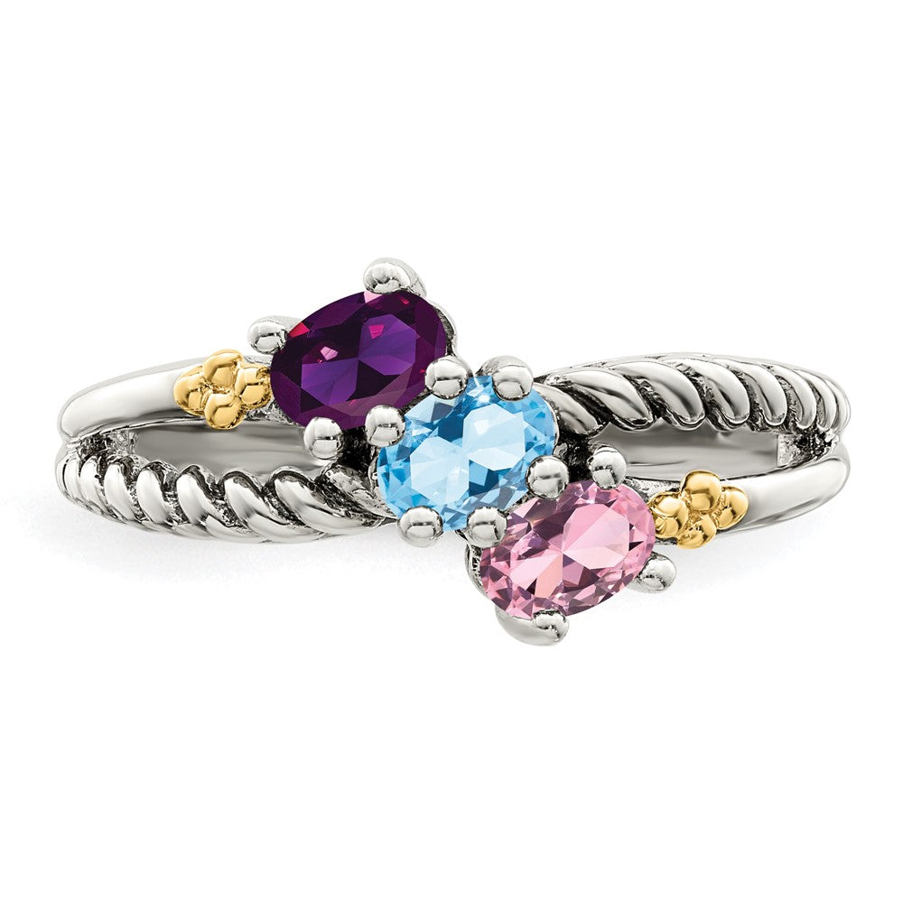 Sterling Silver Antiqued w/14k 3-stone Mother's Ring