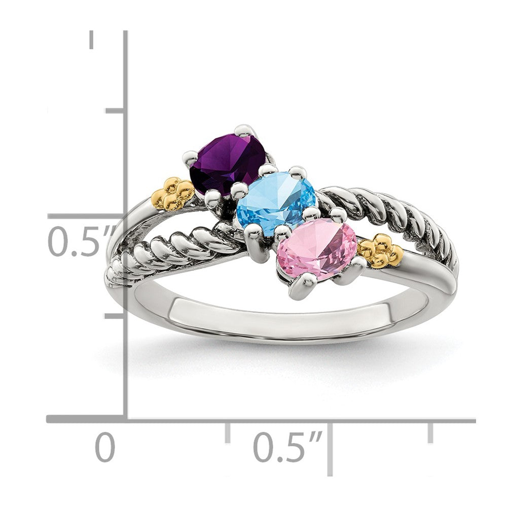 Sterling Silver Antiqued w/14k 3-stone Mother's Ring