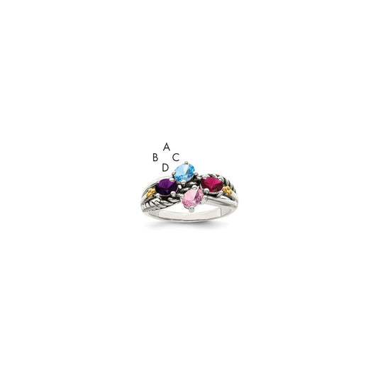Sterling Silver Antiqued w/14k 4-stone Mother's Ring