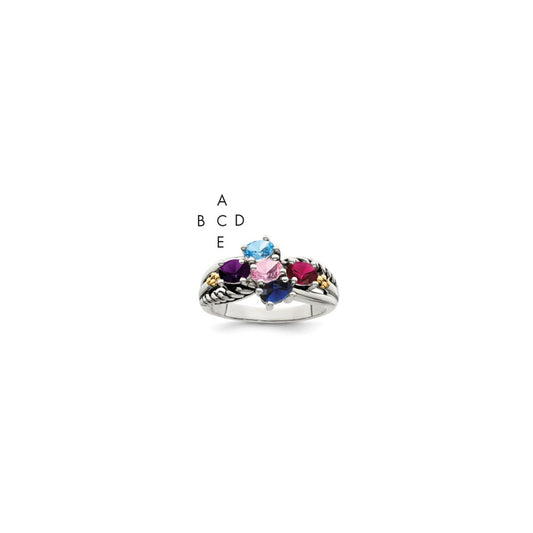 Sterling Silver Antiqued w/14k 5-stone Mother's Ring