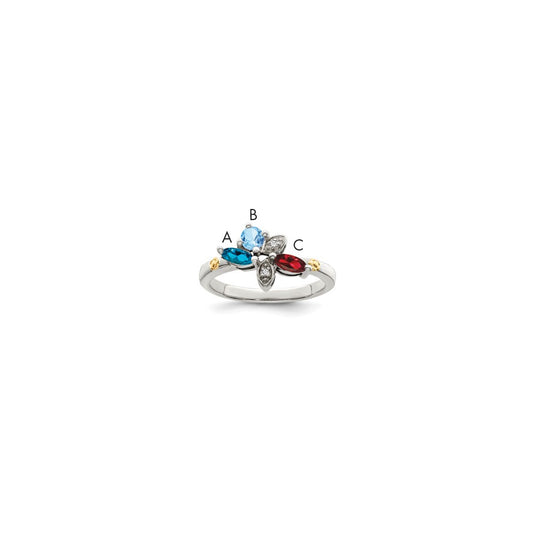 Sterling Silver Antiqued w/14k 3-stone w/Diamond Mother's Ring
