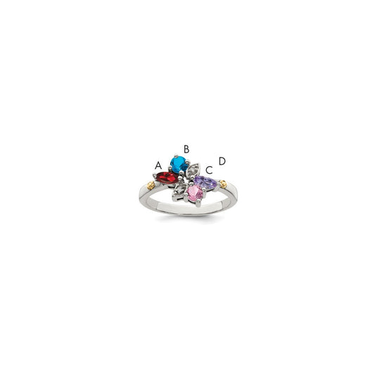 Sterling Silver Antiqued w/14k 4-stone w/Diamond Mother's Ring