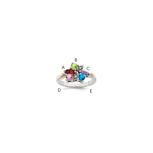 Sterling Silver Antiqued w/14k 5-stone w/Diamond Mother's Ring