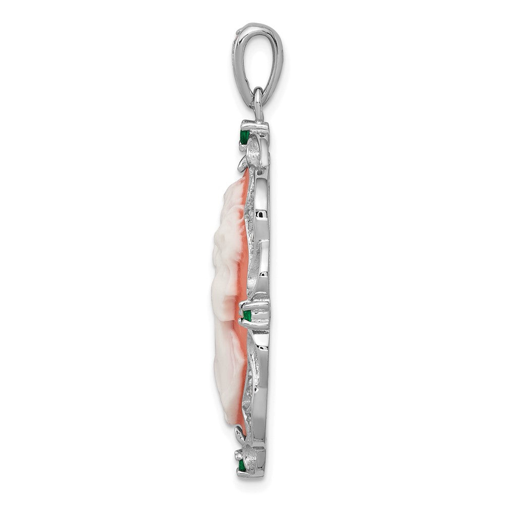 Sterling Silver Rhodium-plated Filigree Frame with Green Glass and Clear CZ Accents Plastic Pink Cameo Pendant