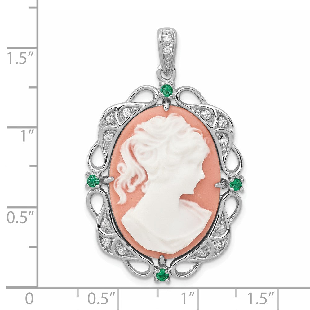 Sterling Silver Rhodium-plated Filigree Frame with Green Glass and Clear CZ Accents Plastic Pink Cameo Pendant