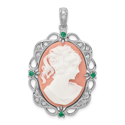 Sterling Silver Rhodium-plated Filigree Frame with Green Glass and Clear CZ Accents Plastic Pink Cameo Pendant