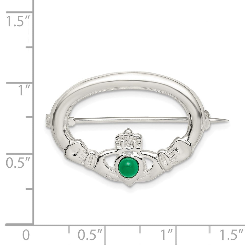 Sterling Silver Polished Green CZ Claddagh Pin