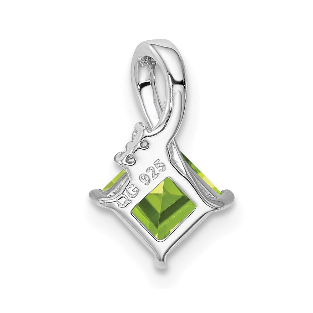Sterling Silver Rhodium Plated Diamond and Peridot Square Pendant