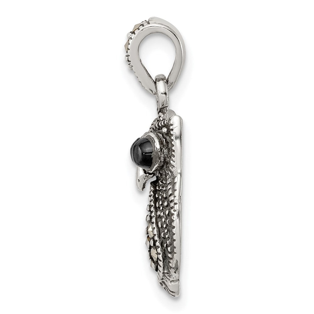 Sterling Silver Antiqued Marcasite and Black Agate Owl Pendant