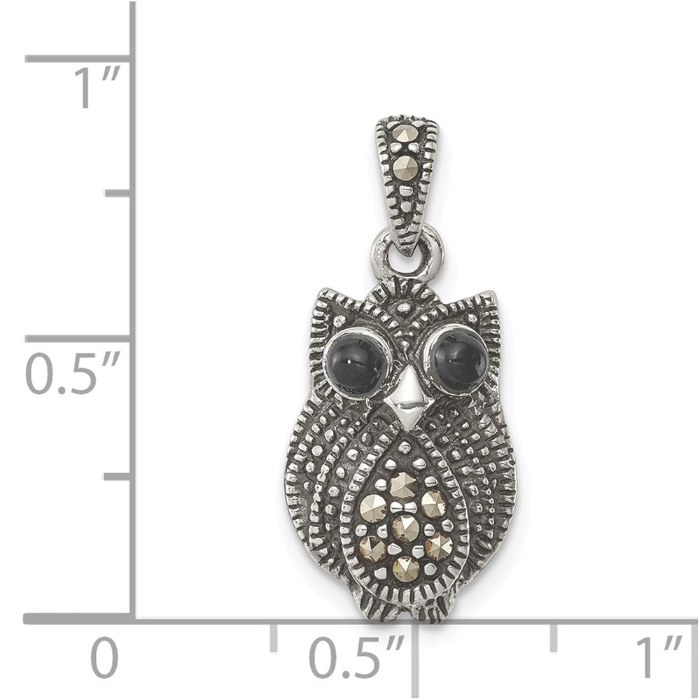 Sterling Silver Antiqued Marcasite and Black Agate Owl Pendant