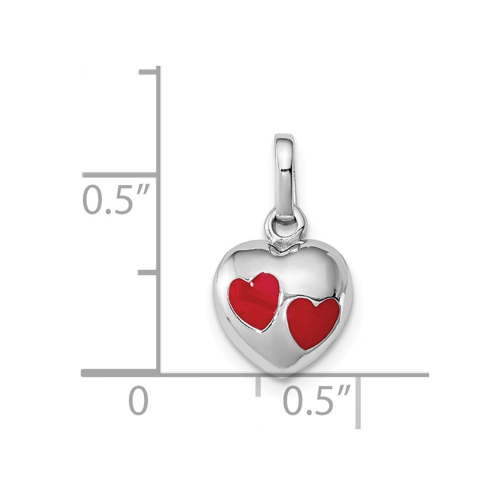 Sterling Silver RH-plated Polished Red Enameled Hearts Children's Pendant