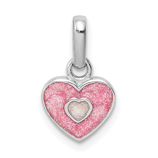 Sterling Silver RH-plated Pink Glitter Enameled Heart Children's Pendant