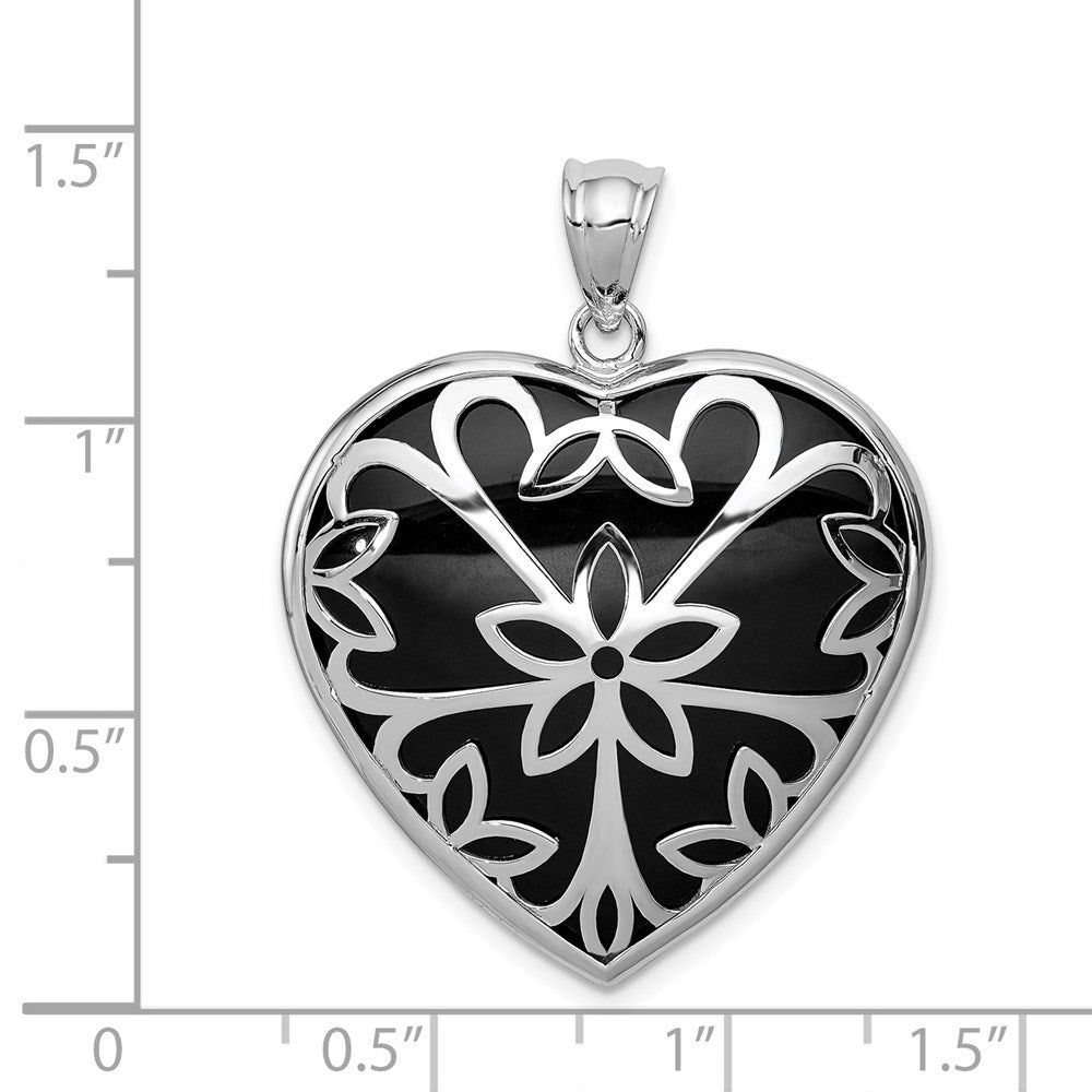 Sterling Silver Rhodium-plated Filigree Floral Onyx Heart Dangle Pendant