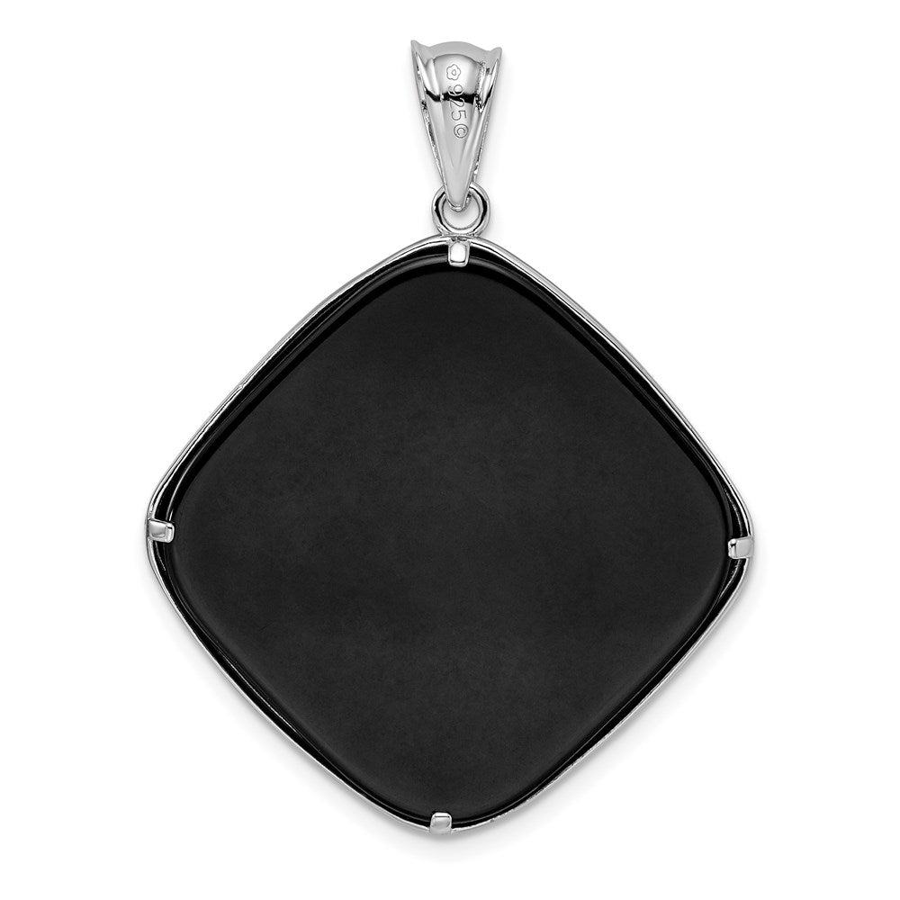 Sterling Silver Rhodium-plated Filigree Floral Diamond Cut Onyx Diamond Shape Dangle Pendant