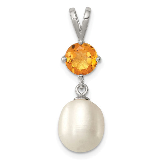 Sterling Silver Rhodium-plated  8-9mm White Teardrop Freshwater Cultured Pearl and .75CI Citrine Pendant