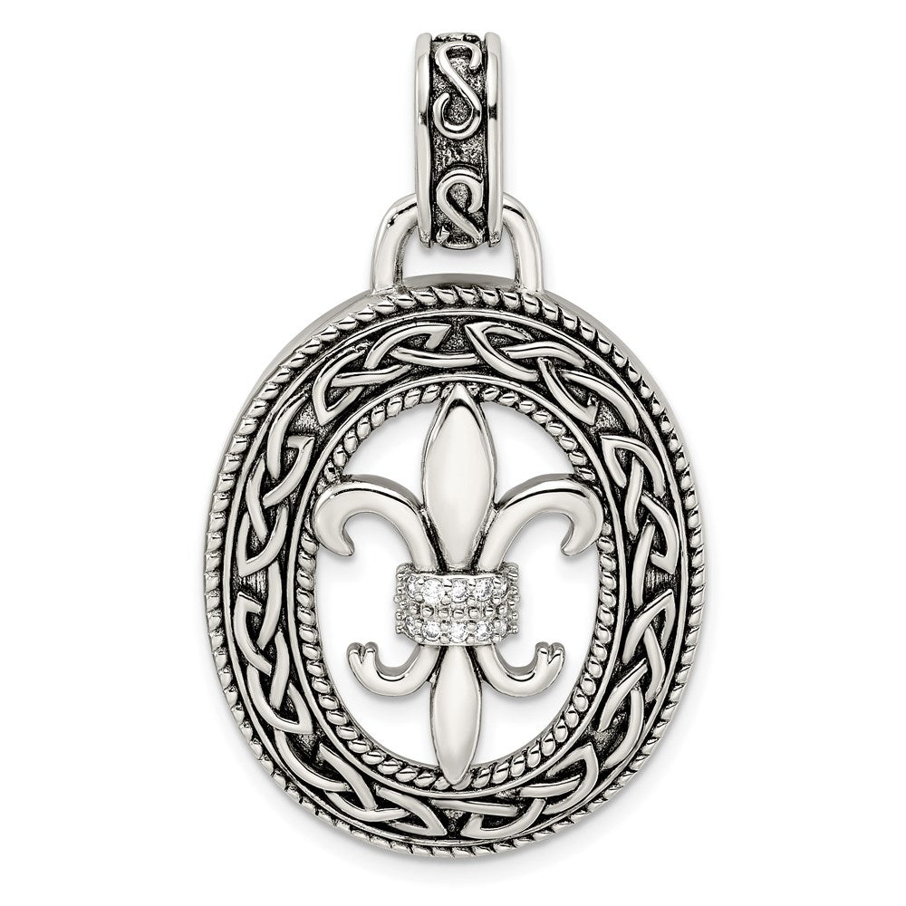 Sterling Silver CZ Antiqued Filigree Fleur de Lis Pendant