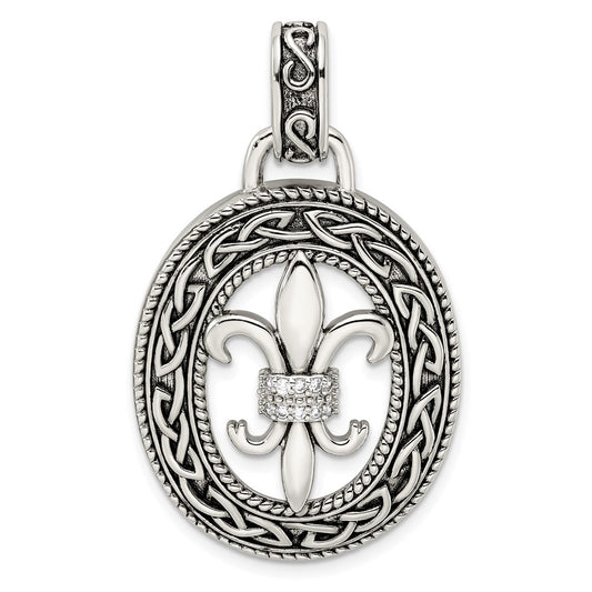 Sterling Silver CZ Antiqued Filigree Fleur de Lis Pendant