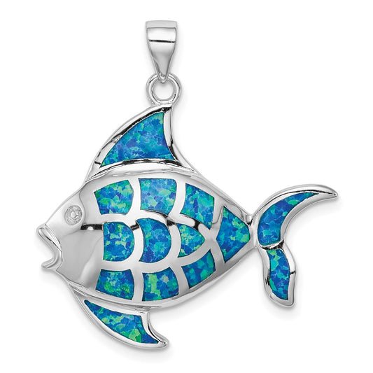 Sterling Silver Rhodium-plated Polished Created Blue Opal Fish Pendant