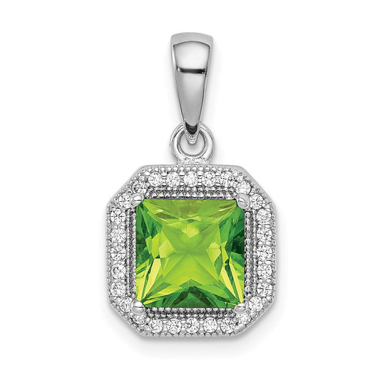 Sterling Silver Rhodium Plated Clear CZ and Square Green CZ Pendant