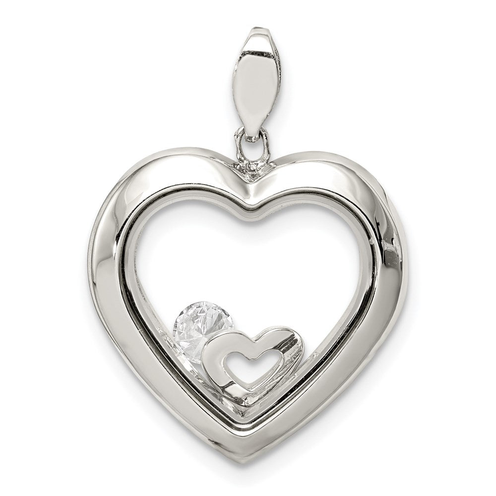 Sterling Silver Rhodium-plated CZ 19mm Heart Glass Pendant