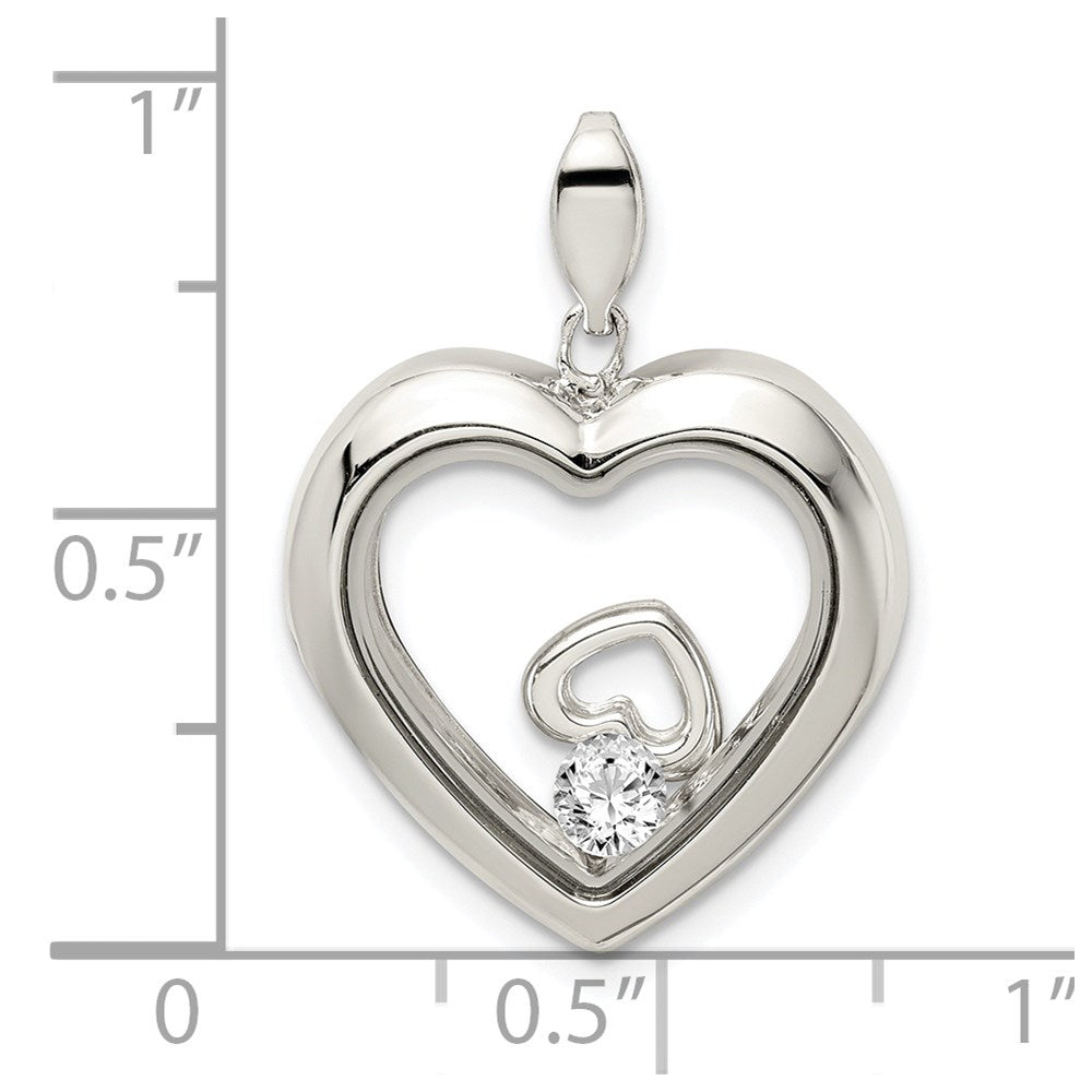 Sterling Silver Rhodium-plated CZ 19mm Heart Glass Pendant