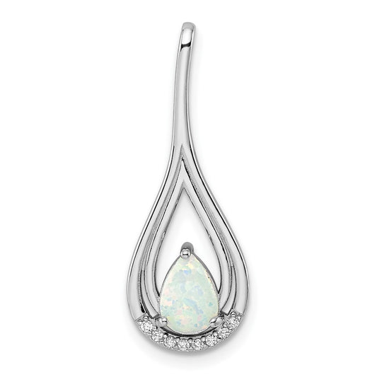 Sterling Silver Rhodium-plated Polished White Created Opal & CZ Pendant