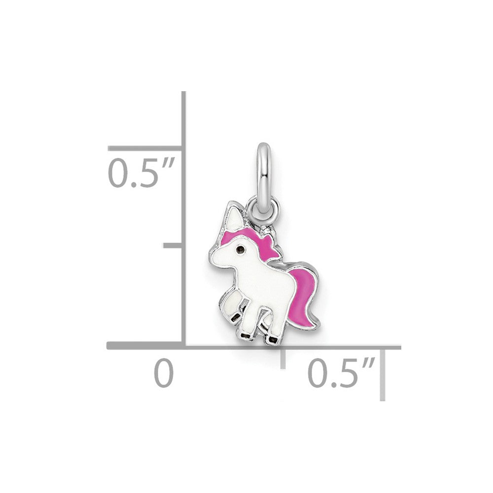 Sterling Silver Rhodium-plated Pink, White & Black Enameled Unicorn Children's Pendant