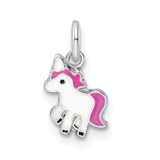 Sterling Silver Rhodium-plated Pink, White & Black Enameled Unicorn Children's Pendant