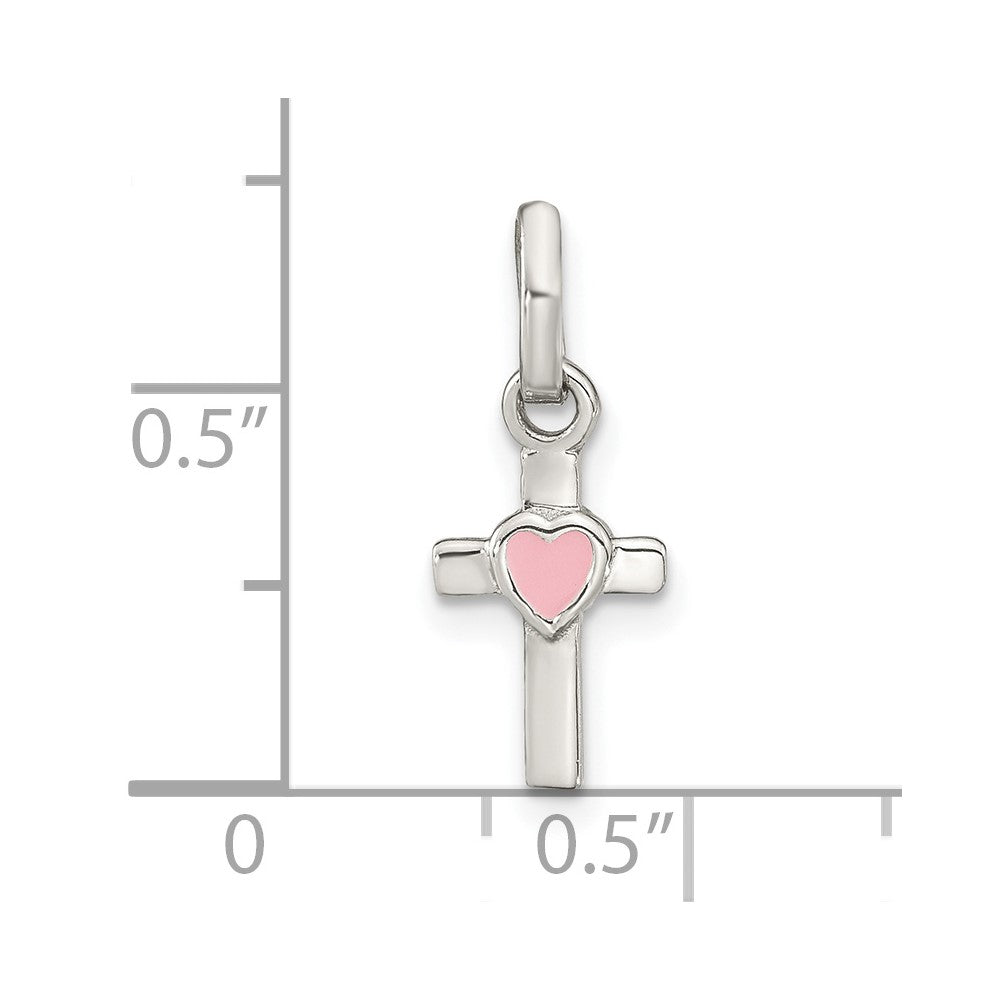Sterling Silver Rhodium-plated Cross Pink Enamel Heart Pendant