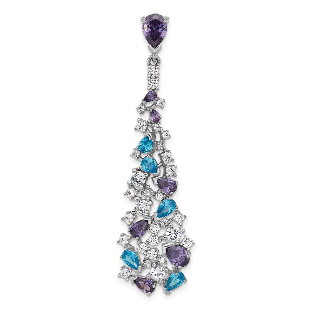 Sterling Silver Rh-plated Polished White/Blue/Purple CZ Teardrop Pendant