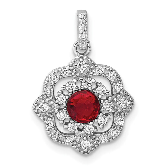 Sterling Silver RH-plated Red Glass & Clear CZ Fancy Vintage Pendant